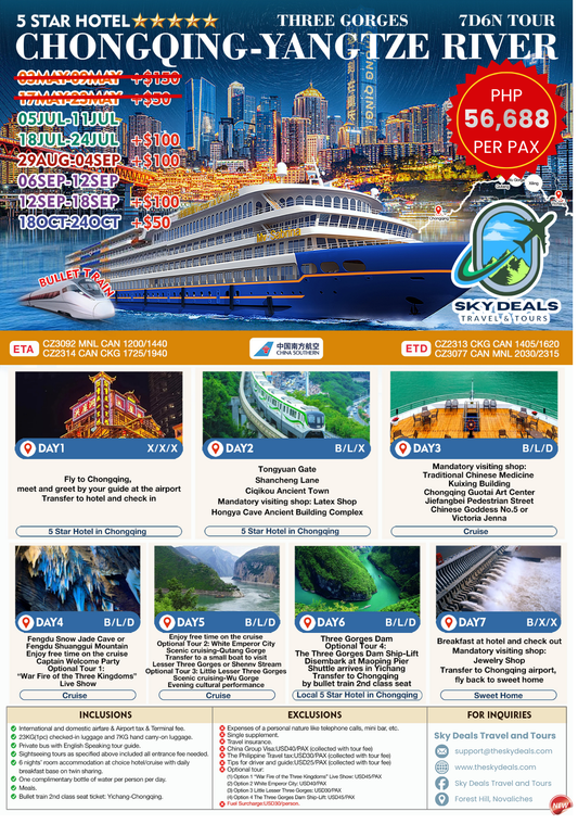 7 Days 6 Nights Chongqing - Yangtze River Tour | JULY to OCTOBER 2026