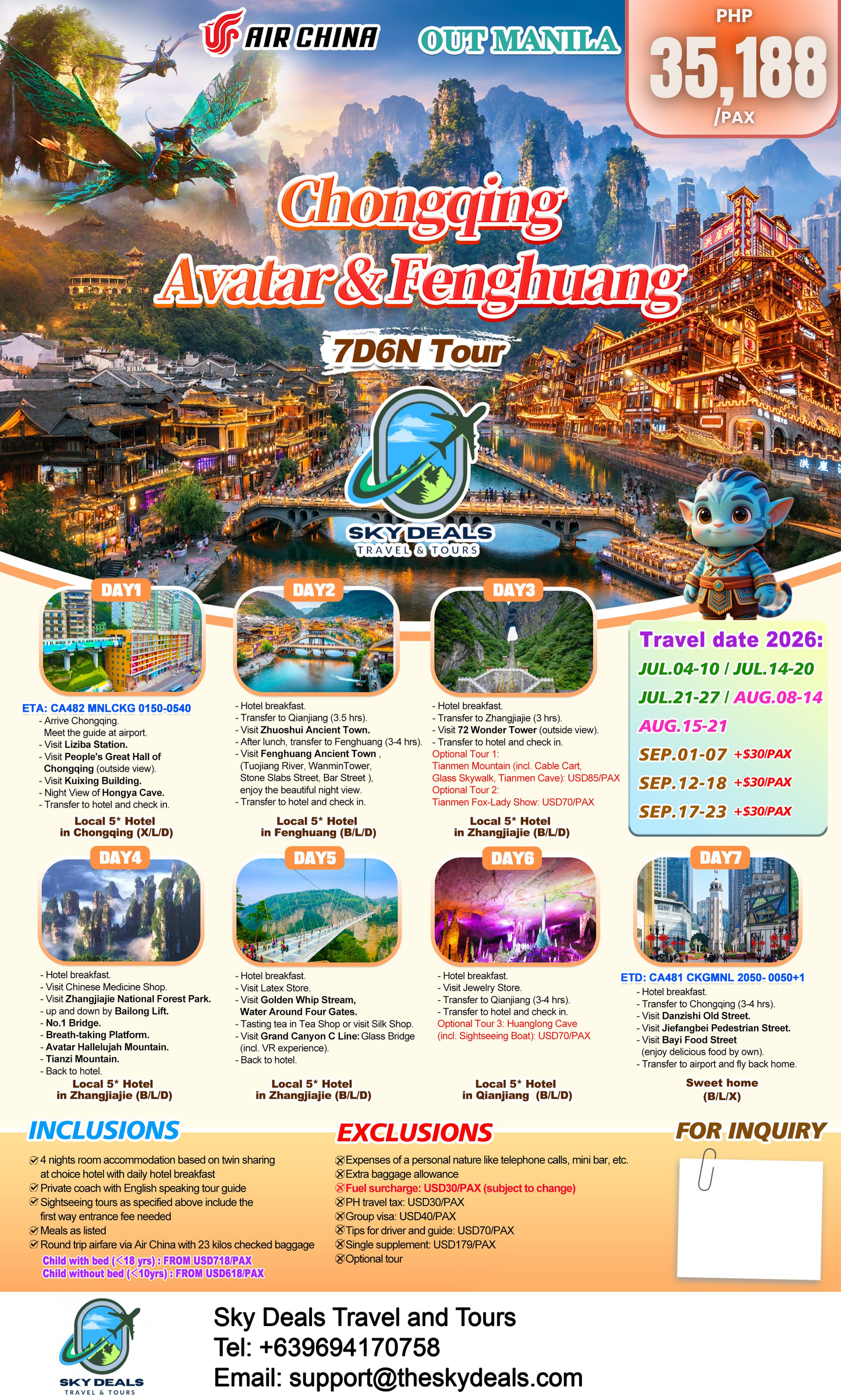 7 Days 6 Nights Chongqing - Avatar Mountains - Fenghuang | JULY to SEPTEMBER 2026