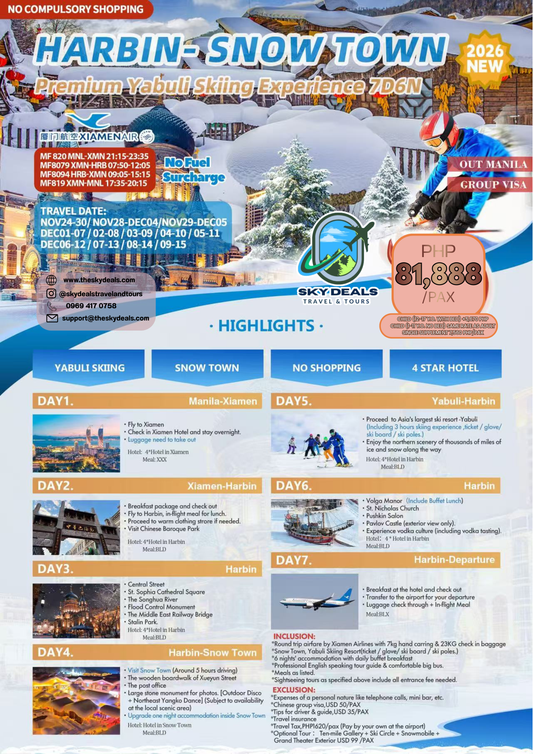 7 Days 6 Nights Harbin Snow Town | Premium Yabuli Skiing Experience | NOVEMBER to DECEMBER 2026