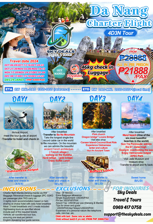 Da Nang Vietnam 4 Days 3 Nights Package All-In Charter Flight October 2024 to January 2025