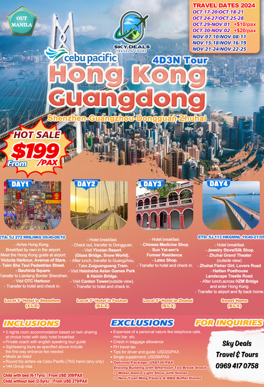 Hong Kong Guangdong 4 Days 3 Nights Package All-In October to November 2024