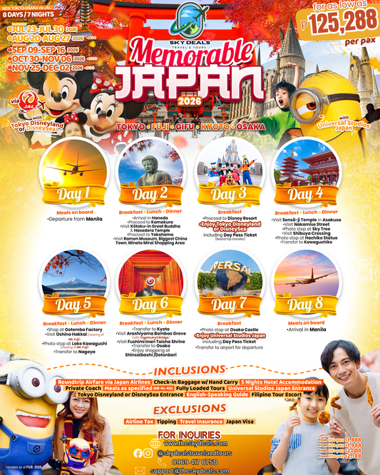 8 Days 7 Nights Memorable Japan Tour |  Tokyo • Fuji • Gifu • Kyoto • Osaka | JULY to NOVEMBER 2026