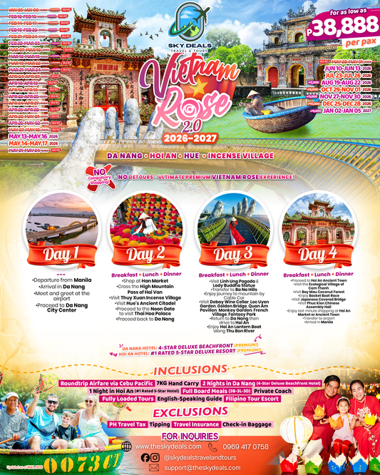 4 Days 3 Nights Vietnam Rose 2.0 Tour | Da Nang • Hoi An • Hue • Incense Village | JUNE 2026 to JANUARY 2027