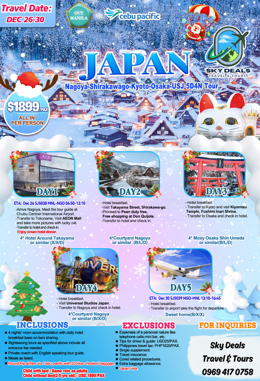 Nagoya-Shirakawago-Kyoto-Osaka-USJ 5 Days 4 Nights Package All-In