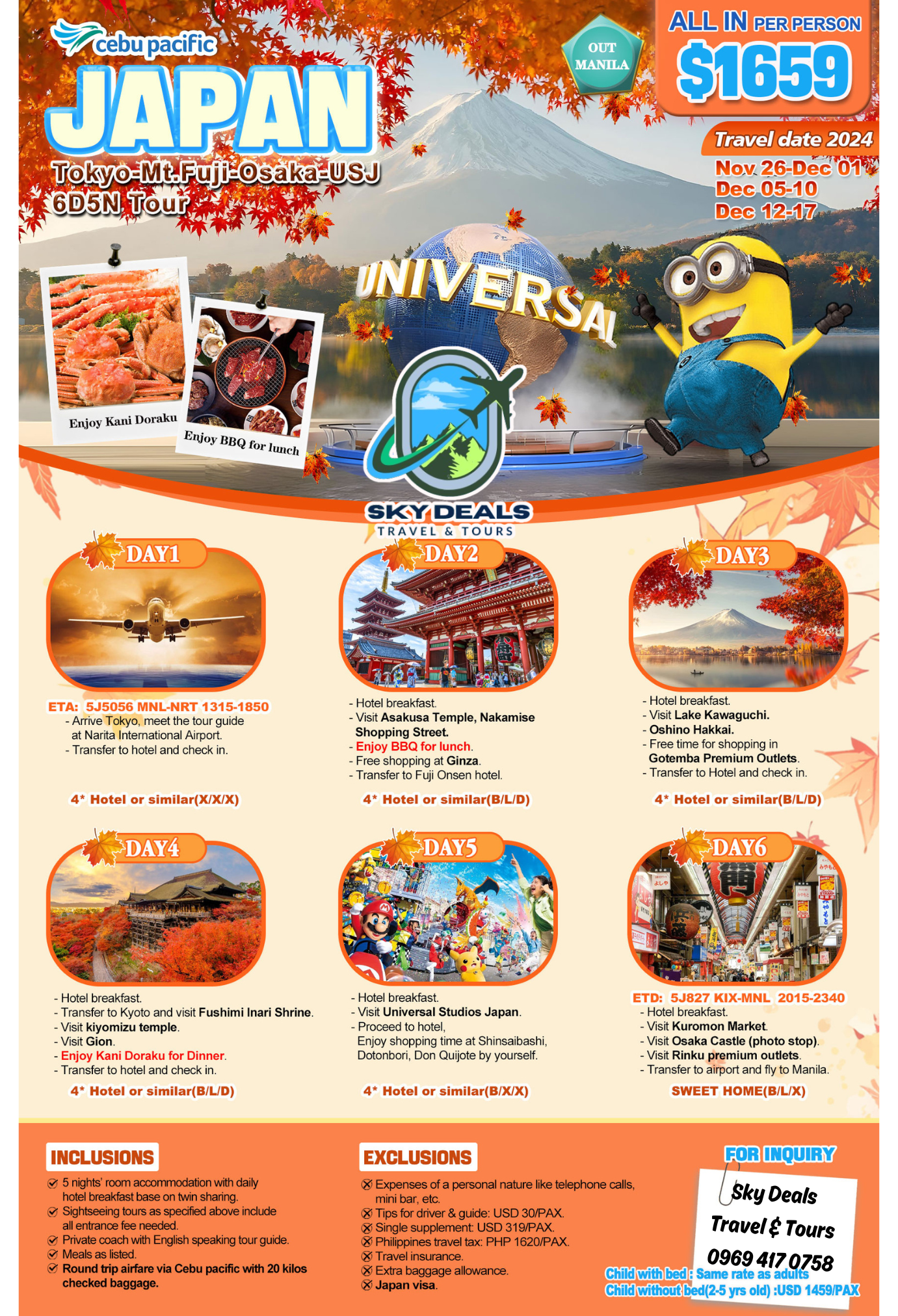 Tokyo-Mt. Fuji-Osaka-USJ 6 Days 5 Nights Package All-In