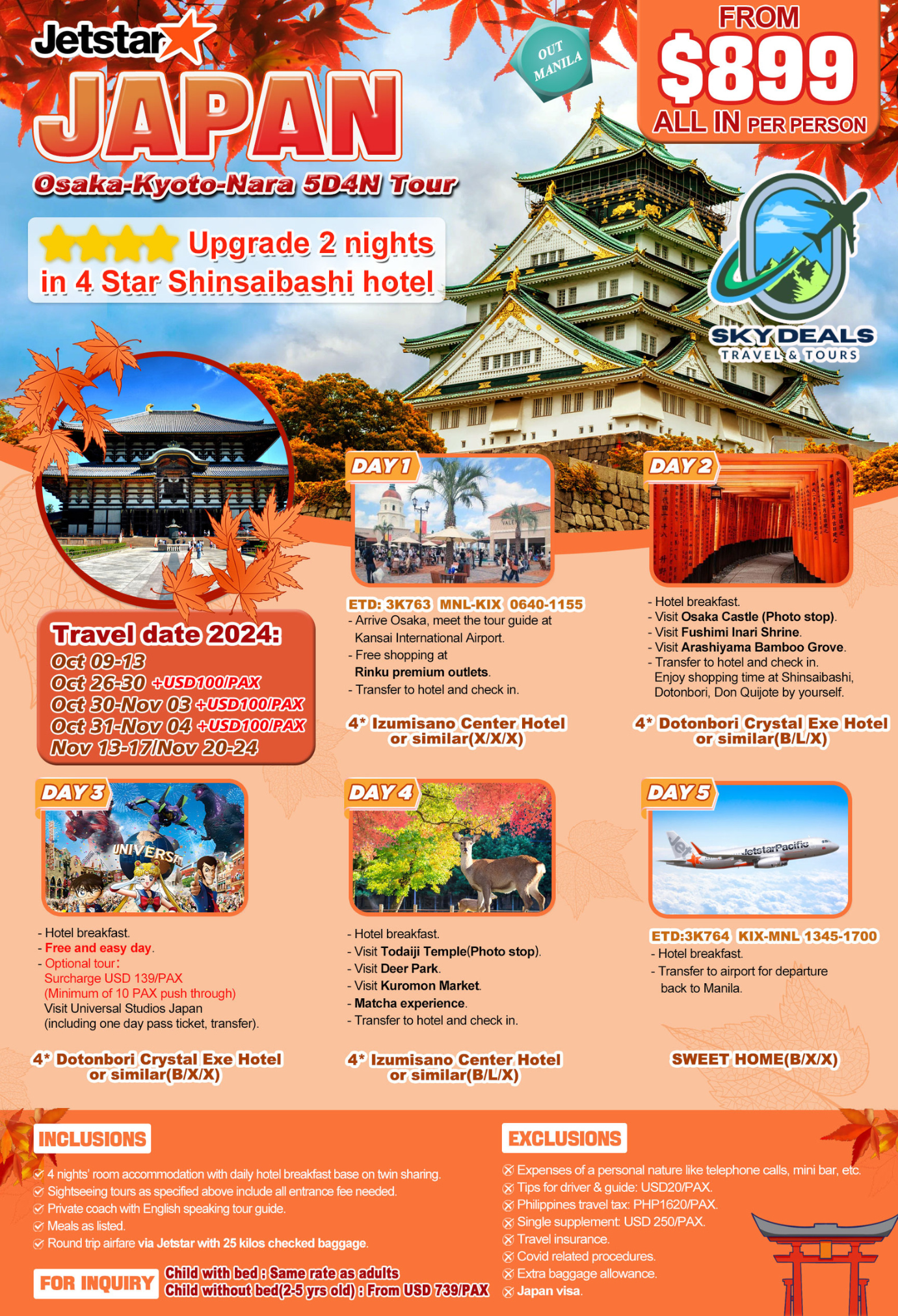 Osaka-Kyoto-Nara 5 Days 4 Nights Package All-In