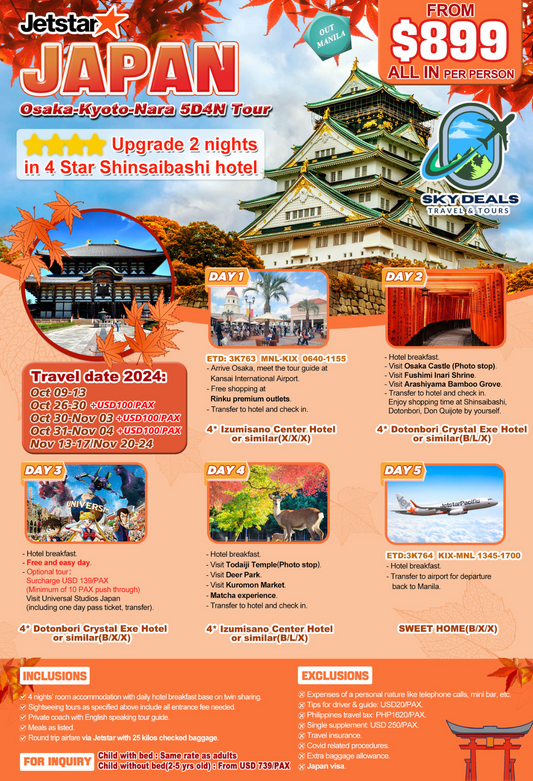 Osaka-Kyoto-Nara 5 Days 4 Nights Package All-In