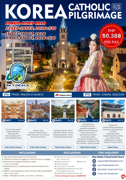 5 DAYS 4 NIGHT KOREA CATHOLIC PILGRIMAGE TOUR | SEPTEMBER TO OCTOBER 2026