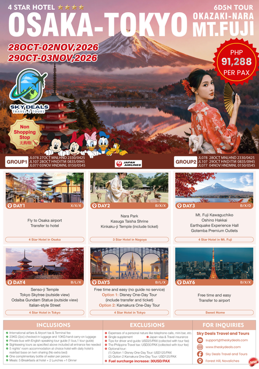 6 DAYS 5 NIGHTS OSAKA-TOKYO-MT. FUJI | OCTOBER TO NOVEMBER 2026