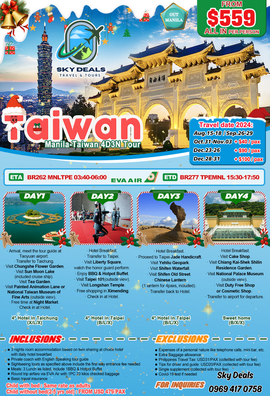 Taiwan 4 Days 3 Nights Package All-In August to December 2024