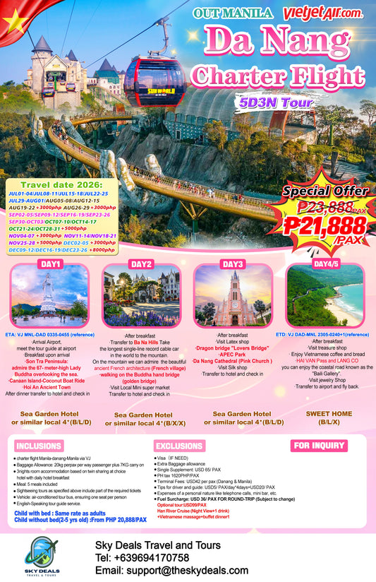 5 Days 3 Nights Da Nang Charter Flight JULY to DECEMBER 2026