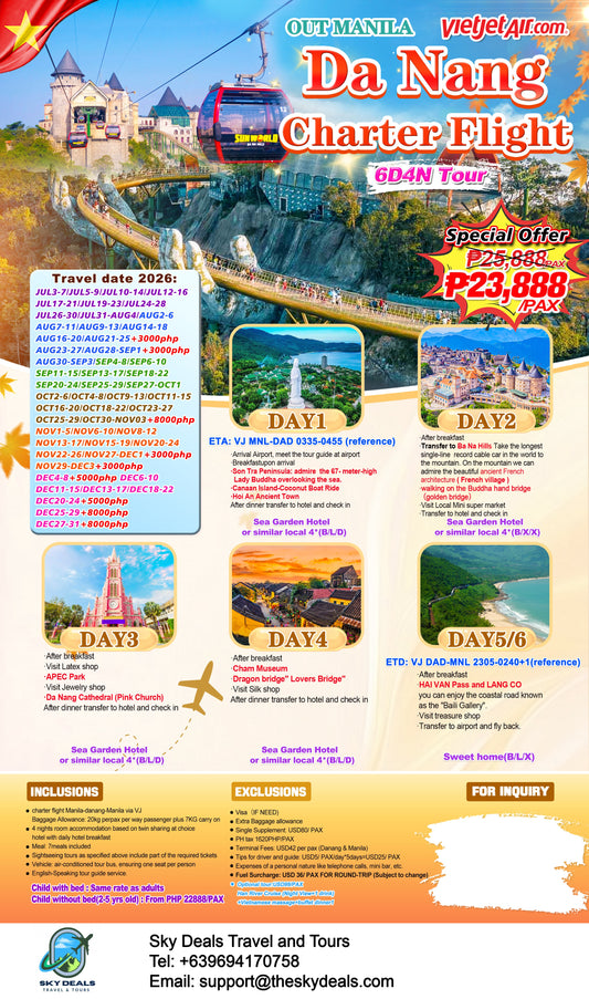 6 Days 4 Nights Da Nang Charter Flight JULY to DECEMBER 2026