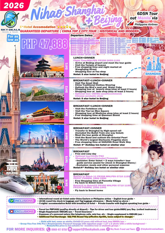 6 Days 5 Nights SHANGHAI + BEIJING | MAY  2026 to JANUARY 2027