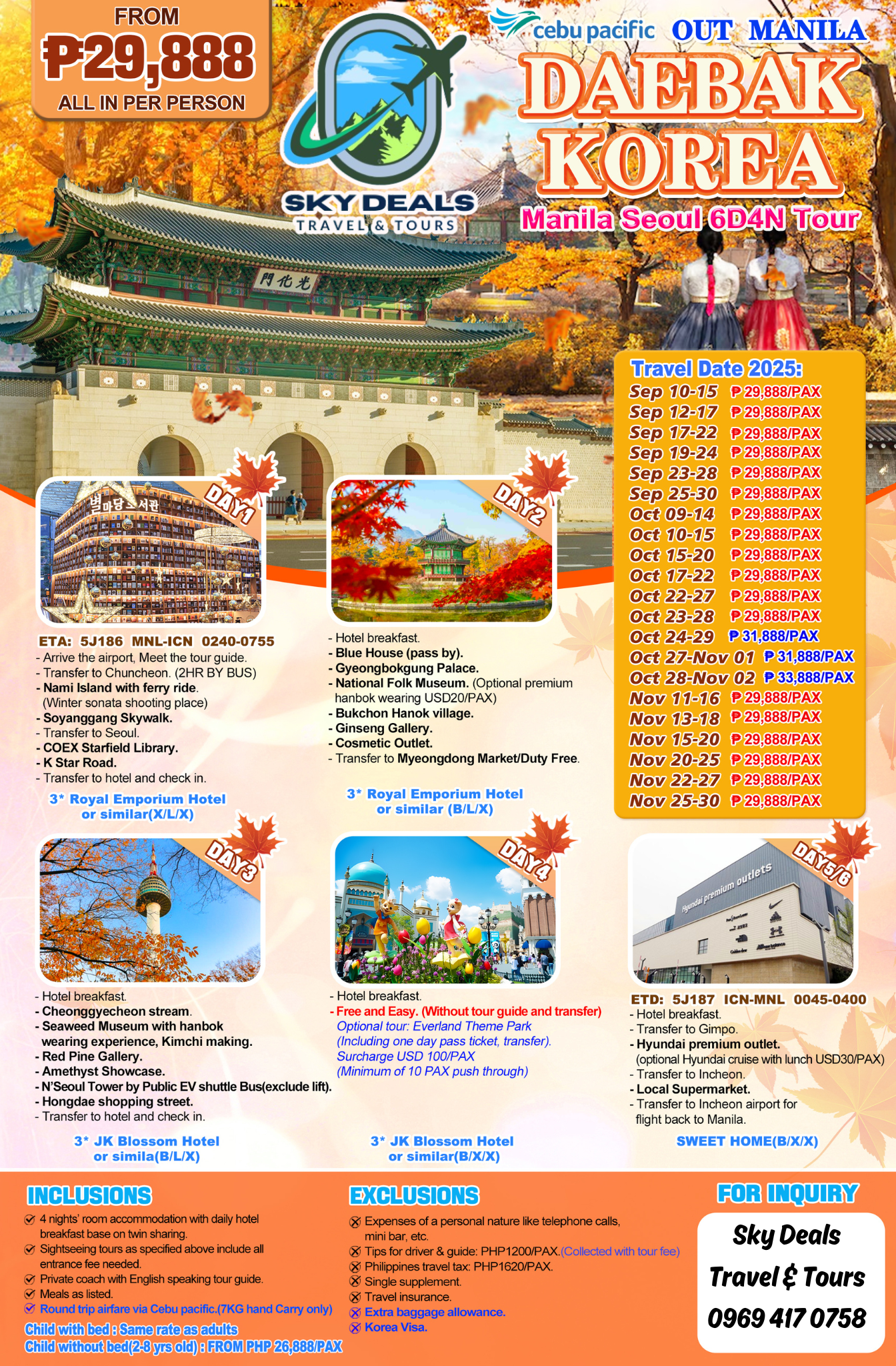 6 Days and 4 Nights Korea All-in Package Sept to Nov 2025