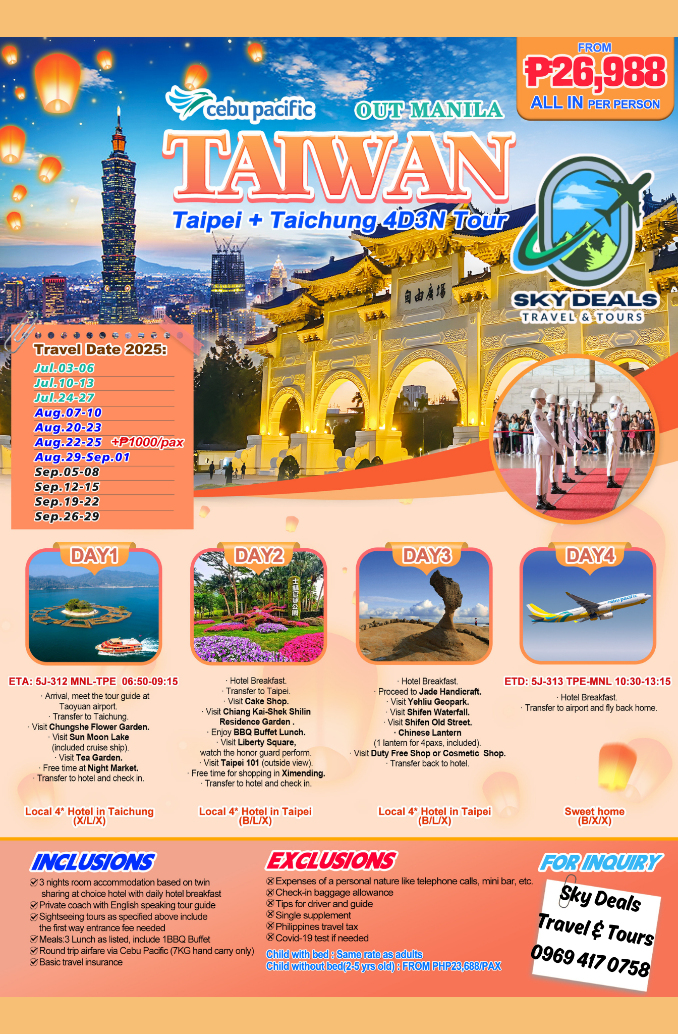 4 Days & 3 Nights Taiwan (Taipei+Taichung) July-Sep 2025