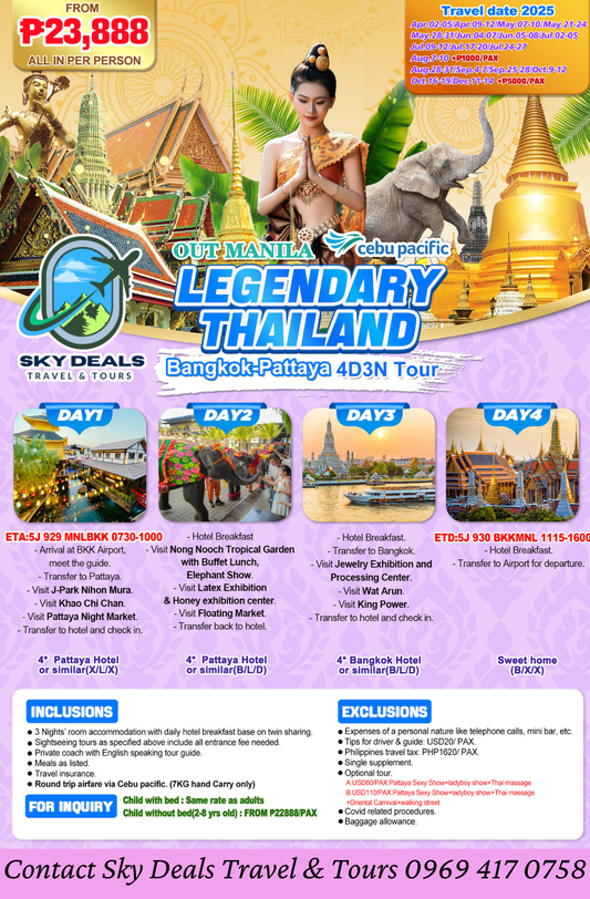 4 Days and 3 Nights Bangkok-Pattaya Thailand May-Dec 2025